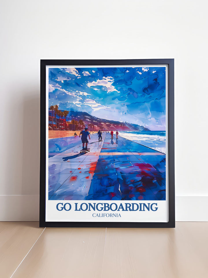 Travel art depicting the energetic atmosphere of Venice Beach, with longboarders, street performers, and the Pacific Ocean, perfect for nature enthusiasts and those who cherish outdoor adventures.