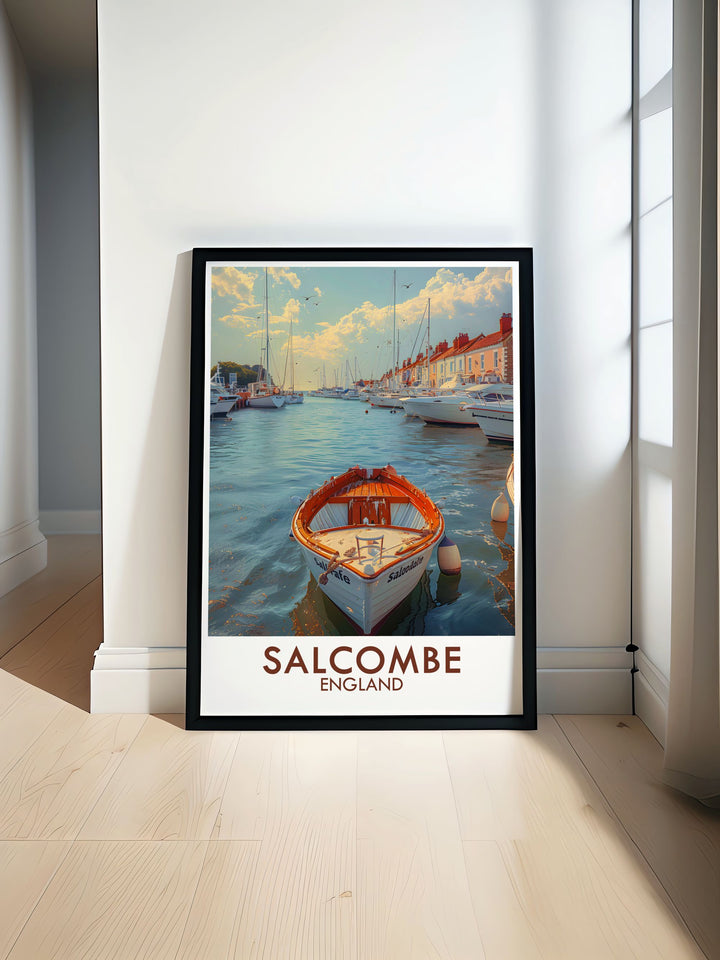 The Salcombe Harbor vintage travel print showcases the beauty of Salcombe Devon in a stunning retro style perfect for any wall art collection