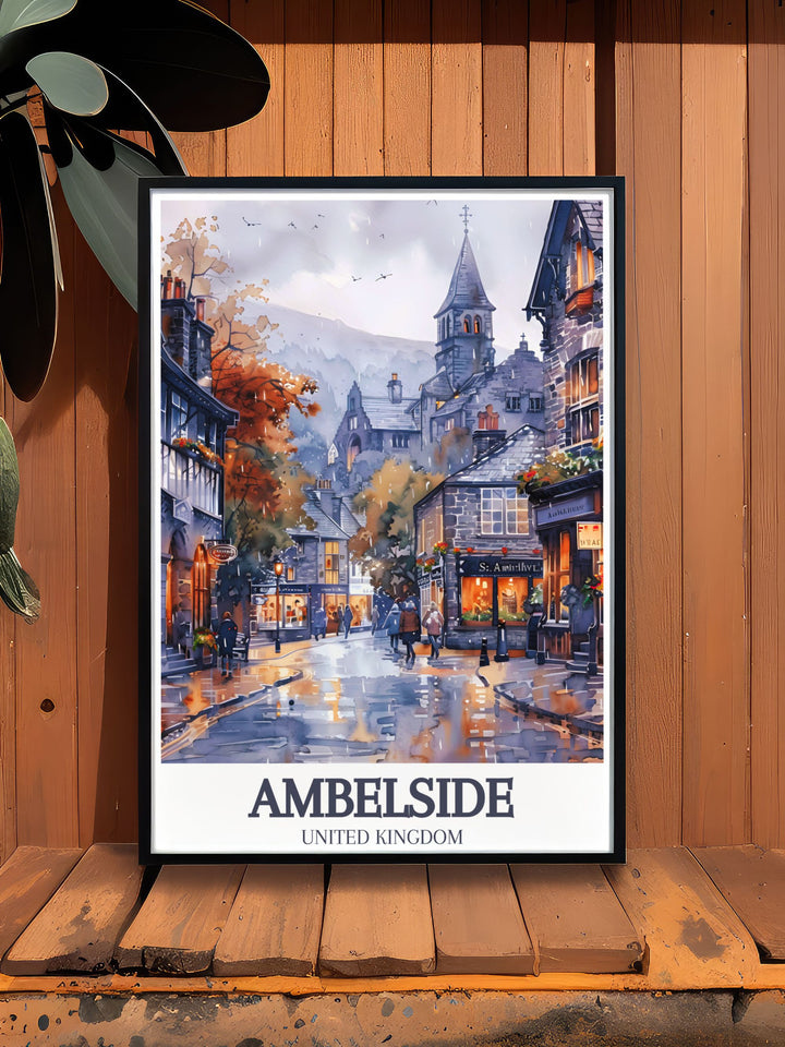 Retro travel poster of Ambleside, showcasing the timeless beauty of St. Marys Church, perfect for those who appreciate historical landmarks and English culture.