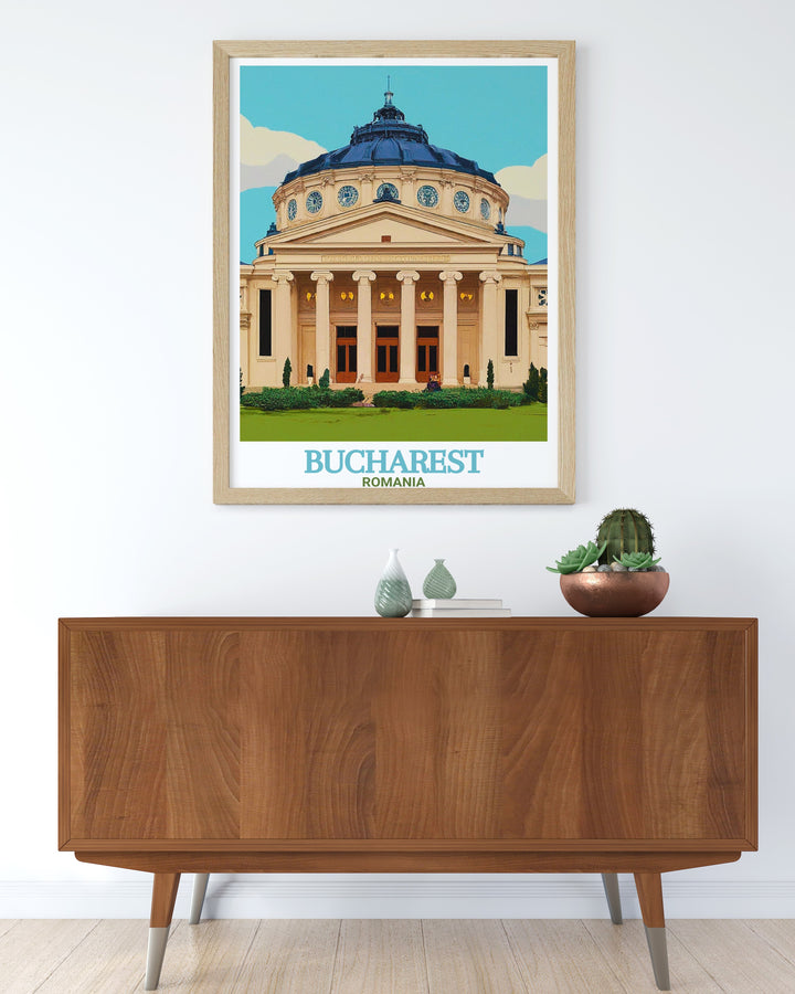 Our Romanian Athenaeum travel print showcases the iconic neoclassical concert hall in Bucharest, Romania. A stunning canvas art piece, this artwork highlights the citys cultural significance and makes an ideal addition to any home décor collection.