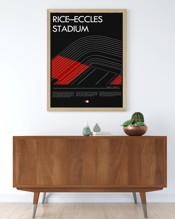 Celebrate Utah football with this retro college poster featuring a stunning portrayal of Rice Eccles Stadium and the spirited Utah Utes team