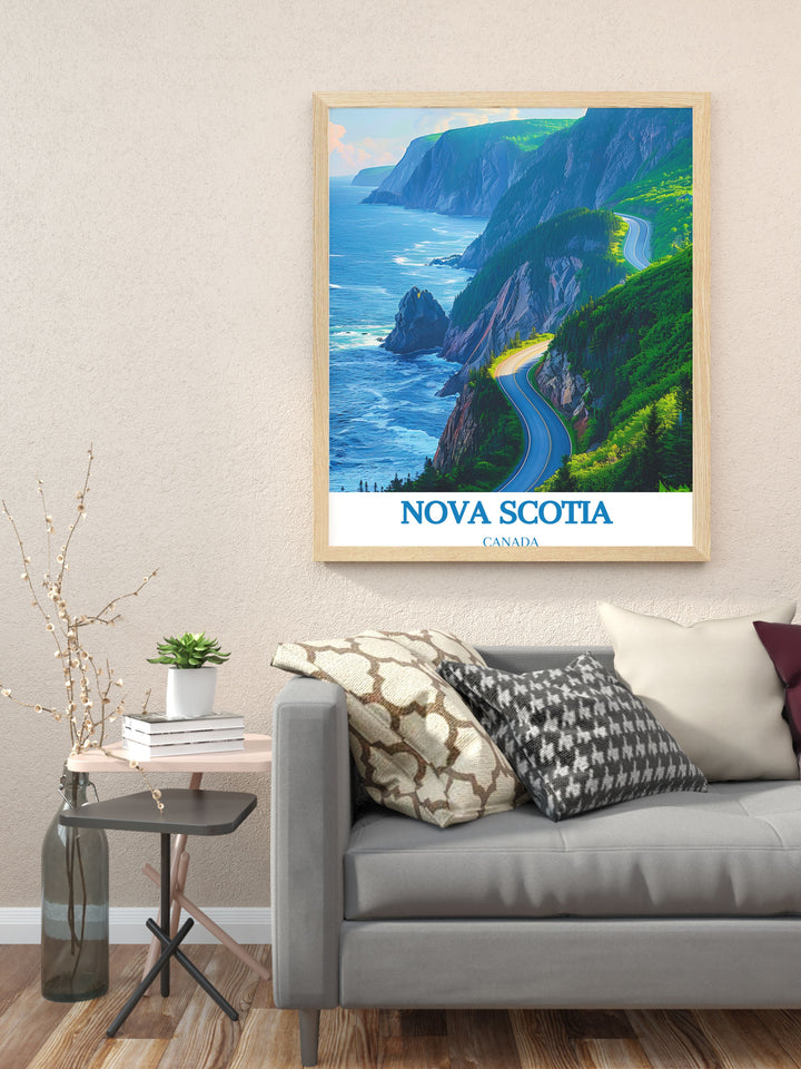 Elegant Cabot Trail artwork highlighting the dramatic landscapes of Nova Scotia. Perfect as a modern print or framed piece, this Canadian art adds a touch of sophistication to any room.