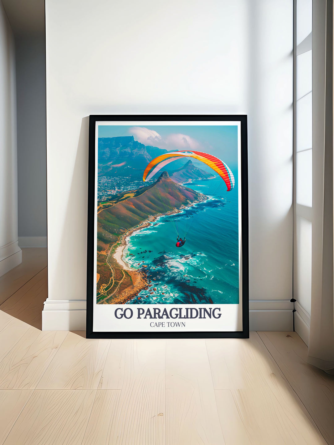 Add a touch of adventure to your space with this Vintage Paragliding Print, capturing the freedom of flying over Cape Towns famous Table Mountain. Its the perfect way to inspire your next outdoor journey.