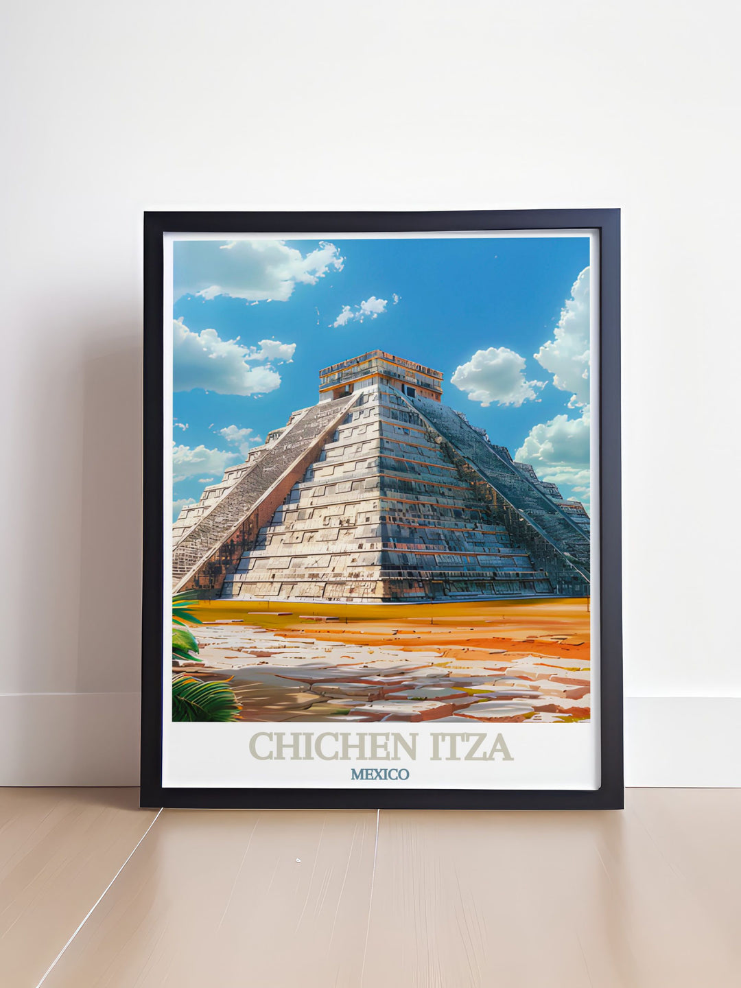 Showcasing the impressive structure of El Castillo, this poster adds a unique touch of Mexicos ancient heritage to your decor. Experience the wonder of Chichen Itza with this art print, highlighting the pyramids architectural brilliance and cultural significance.