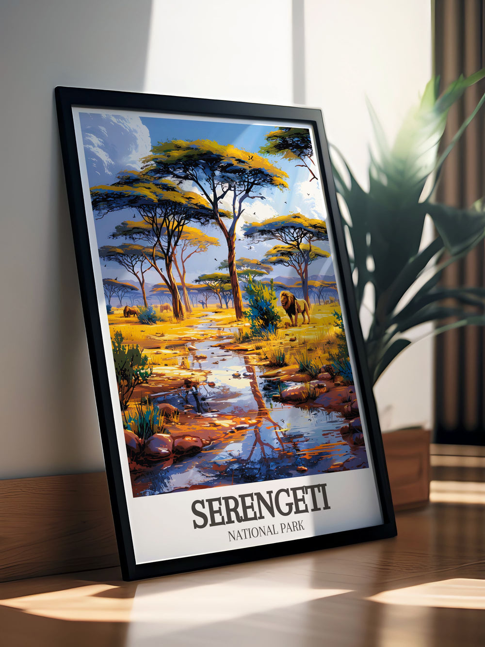 Beautiful Acacia tree Wildlife savanna framed print capturing the essence of Serengeti Africa ideal for adding elegance to any room