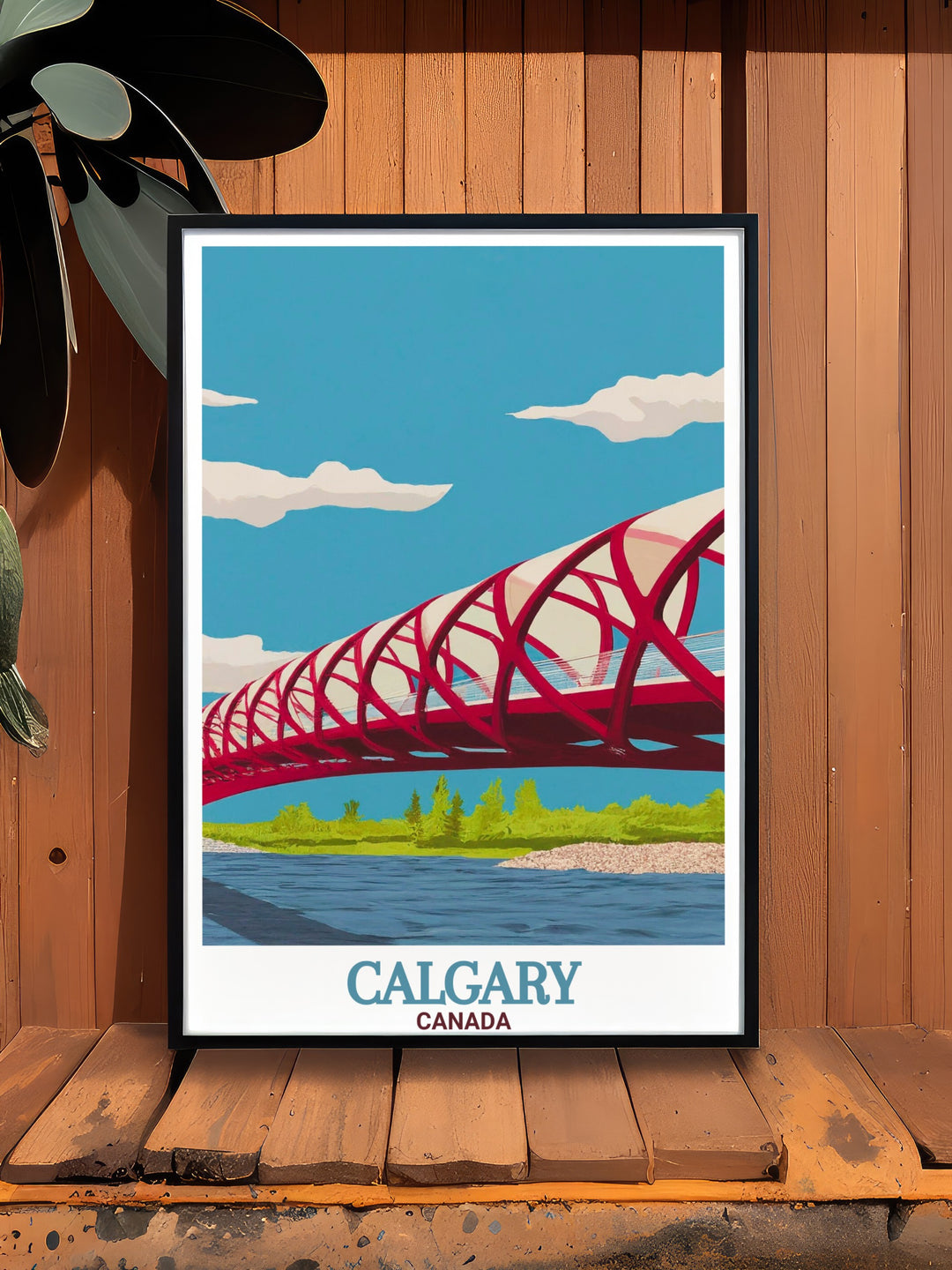 The Peace Bridge home decor print featuring vibrant colors and detailed artwork. This Canada travel gift is perfect for urban landscape lovers who want to bring the sophistication of Calgary into their living space.
