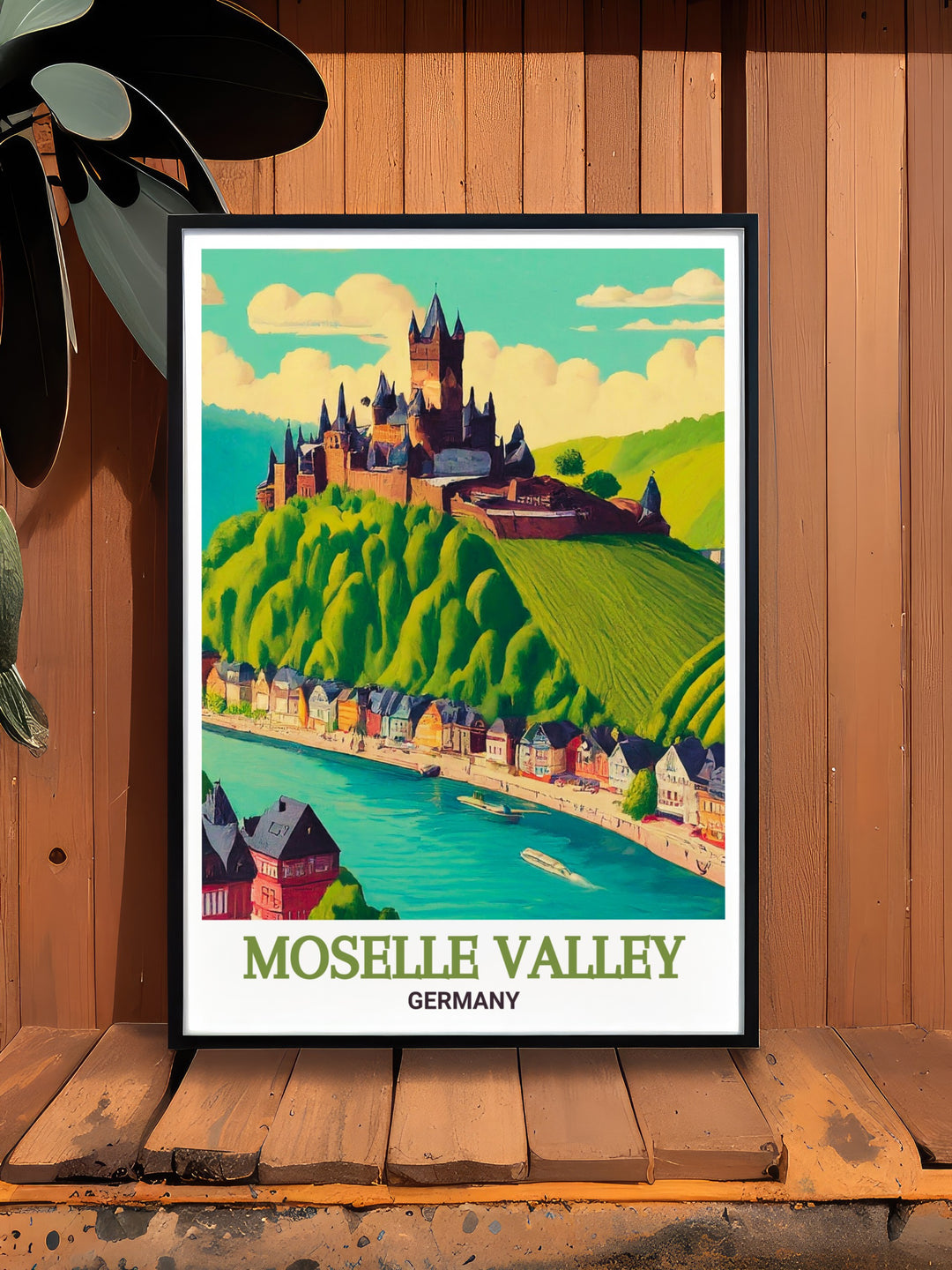 Cochem Castle modern art print showcasing the majestic architecture of the castle and the surrounding Moselle Valley. This Germany art piece adds sophistication and history to your home decor making it a perfect addition to your collection.