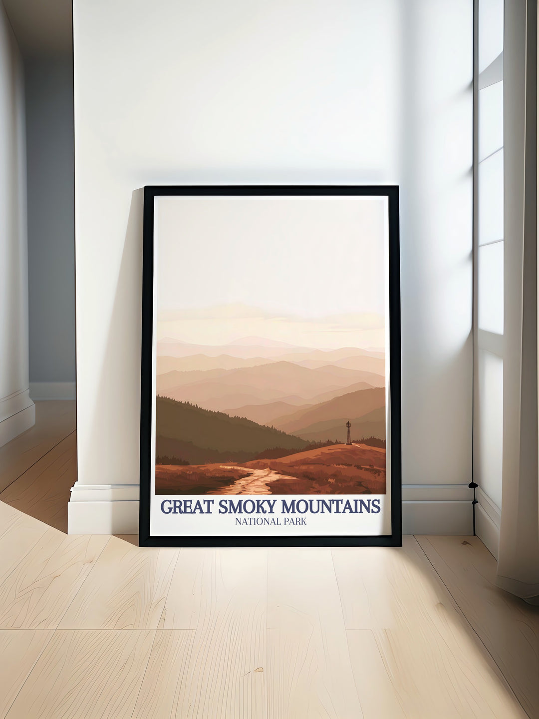 The Great Smoky Mountains poster print brings the stunning Appalachian range and misty Smokies to life. Perfect for lovers of nature and national parks, this travel art captures the serene beauty of the mountains.