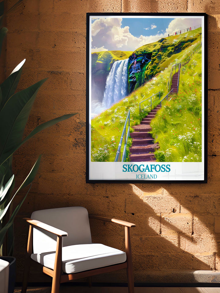 Uncover the scenic beauty of Skogafoss with this detailed art print, highlighting the waterfalls impressive drop and the lush, verdant landscape.