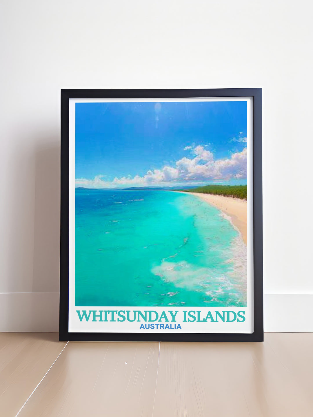 Whitehaven Beach travel print showcasing the breathtaking scenery of the Whitsunday Islands ideal for creating an elegant and serene atmosphere in your home perfect for nature lover gift and beach wall art enthusiasts.