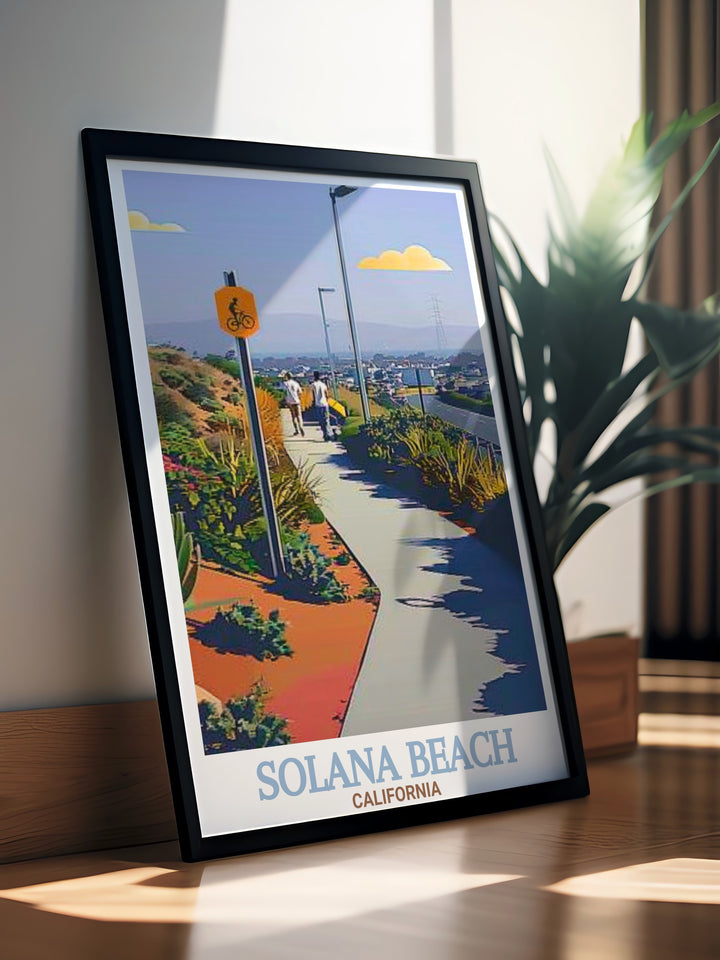 A beautiful travel print of Solana Beach and its Coastal Rail Trail, capturing the peaceful ambiance of this Southern California gem. This artwork is ideal for beach house decor or to bring a coastal touch to your home office, making it perfect for beach lovers.