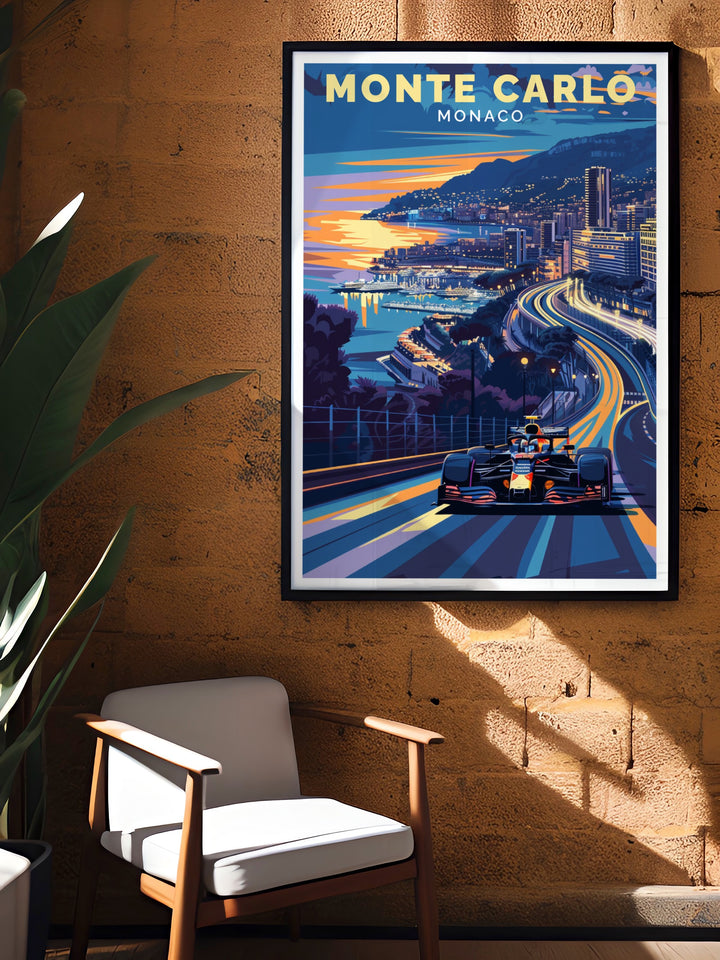 Monte Carlo Print offers a unique blend of Monacos racing history and its picturesque coastal scenery. This wall art is a must have for fans of the Monaco Grand Prix, adding an element of excitement and style to any decor.