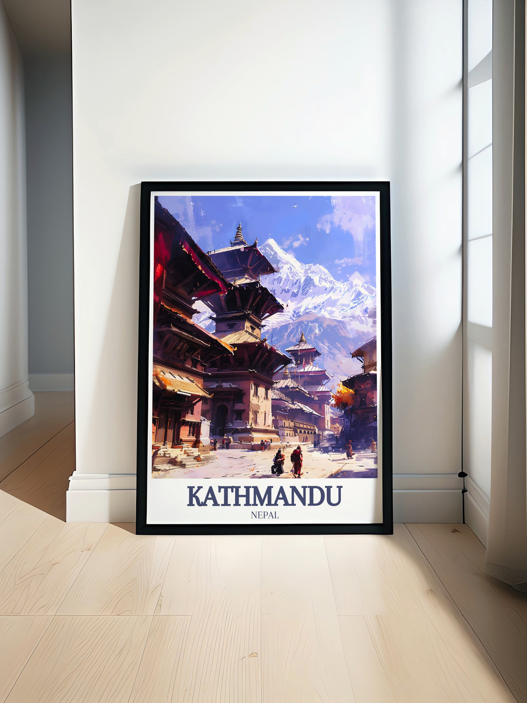 Featuring the iconic Mount Everest and the charm of Durbar Square, this Kathmandu travel print offers a unique glimpse into the beauty of Nepal. Ideal for any traveler or explorer, its a stunning addition to your home décor.