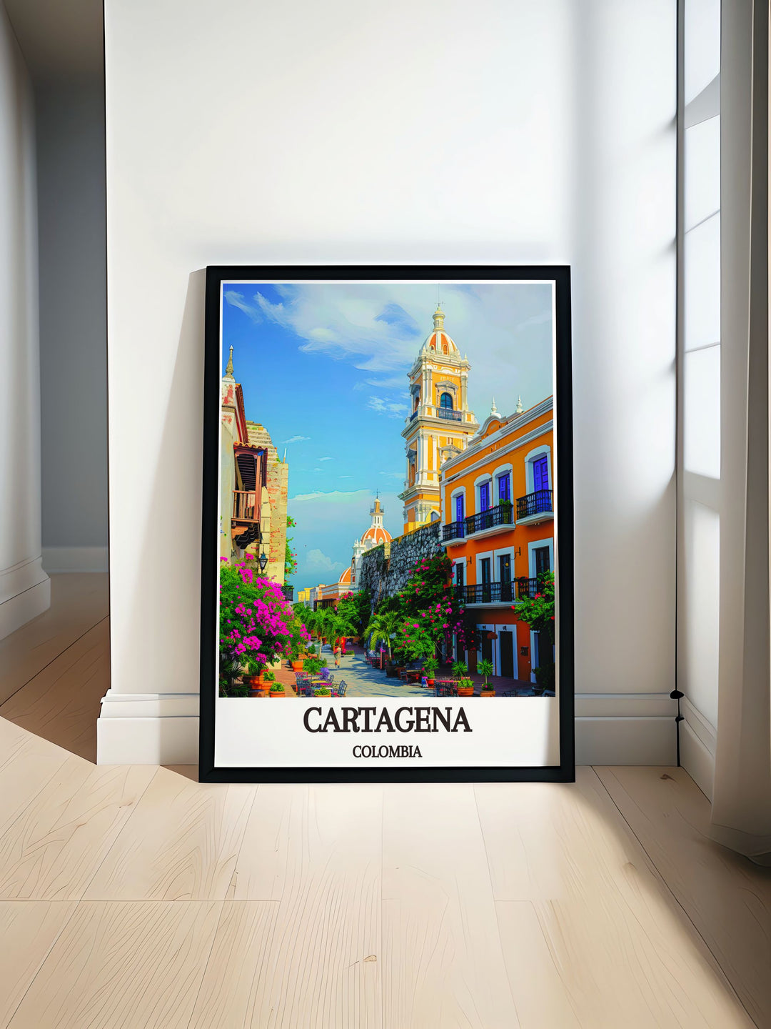 This vibrant travel poster features Cartagenas stunning Caribbean coastline, capturing its crystal clear waters and sandy beaches. Add a piece of Colombias coastal paradise to your home with this captivating print.