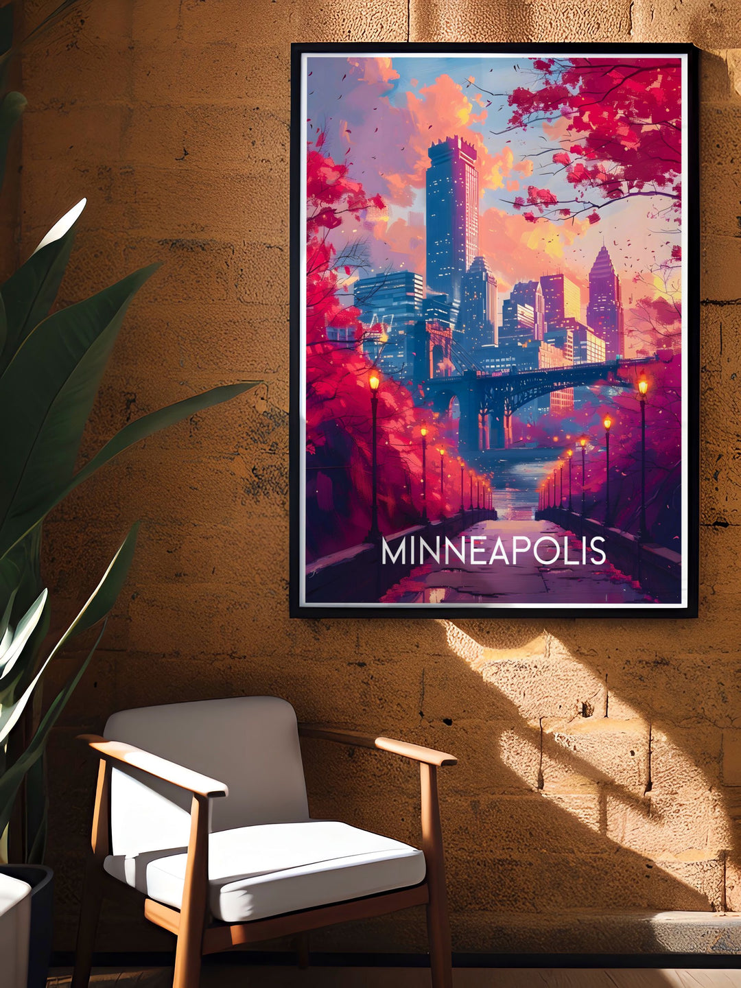 Showcasing both the Minneapolis Skyline and the Mississippi Riverfront, this travel poster captures the unique blend of dynamic cityscapes and tranquil river views, perfect for enhancing your living space with urban charm.