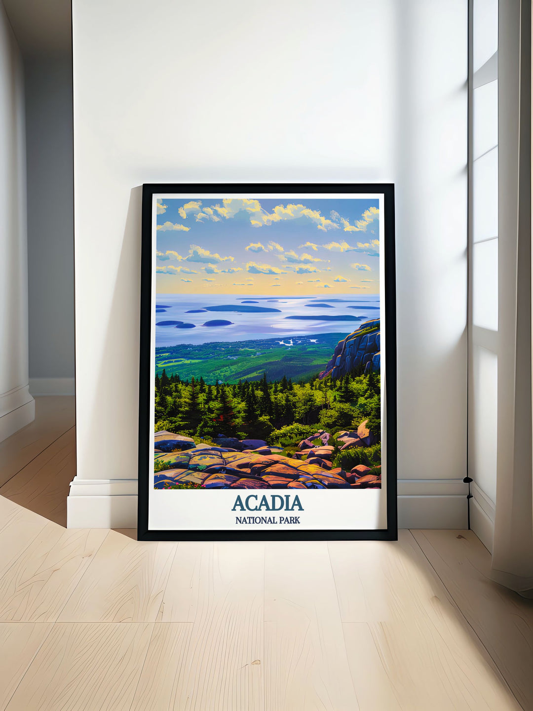 Acadia National Park print showcasing the stunning view of Cadillac Mountain perfect for nature lovers who appreciate national park wall art and vintage travel posters ideal for enhancing home decor with a touch of natural beauty and timeless charm.