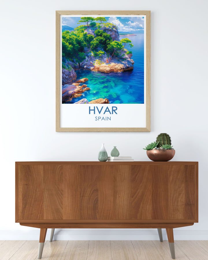 Framed art print depicting the diverse landscapes of Hvar Island, from its historical architecture to its lush vineyards. This artwork adds a touch of Mediterranean charm to your decor, ideal for those who appreciate both nature and history.