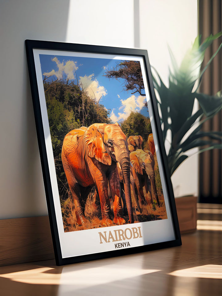 Modern Nairobi art prints showcasing the unique blend of urban and natural beauty in Kenya includes framed artwork from the David Sheldrick Wildlife Trust