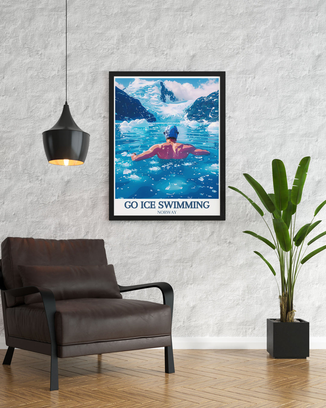 A vibrant print of swimmers enjoying the pristine waters of the Lofoten Islands, capturing the serene beauty and rugged landscape of Norways Arctic Circle, ideal for adventurers and nature lovers.