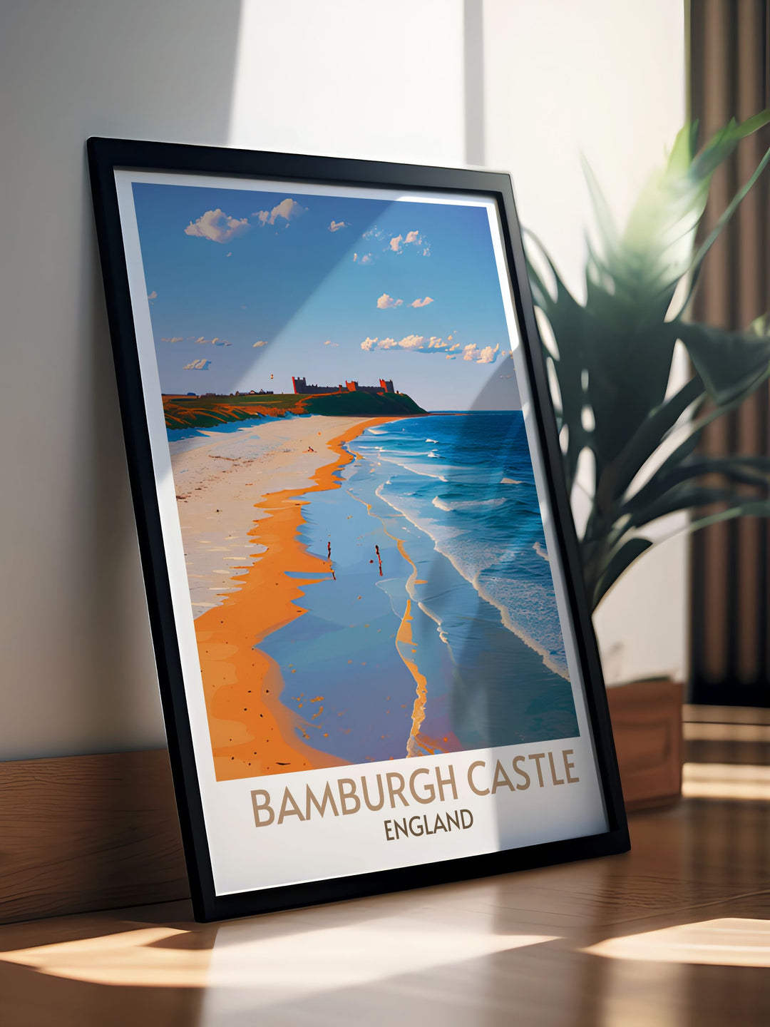 Bamburgh Beach framed portrait highlighting the natural and architectural beauty of Bamburgh, a unique piece for collectors.