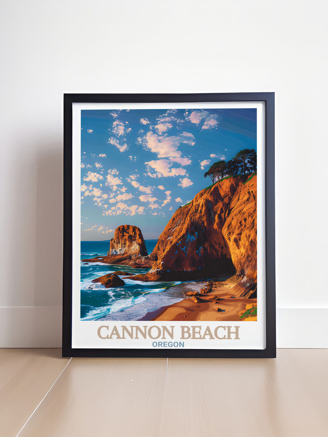 Cannon Beach travel poster featuring Haystack Rock in a vibrant and detailed design making it an ideal addition to any wall art collection and a perfect gift for travel lovers