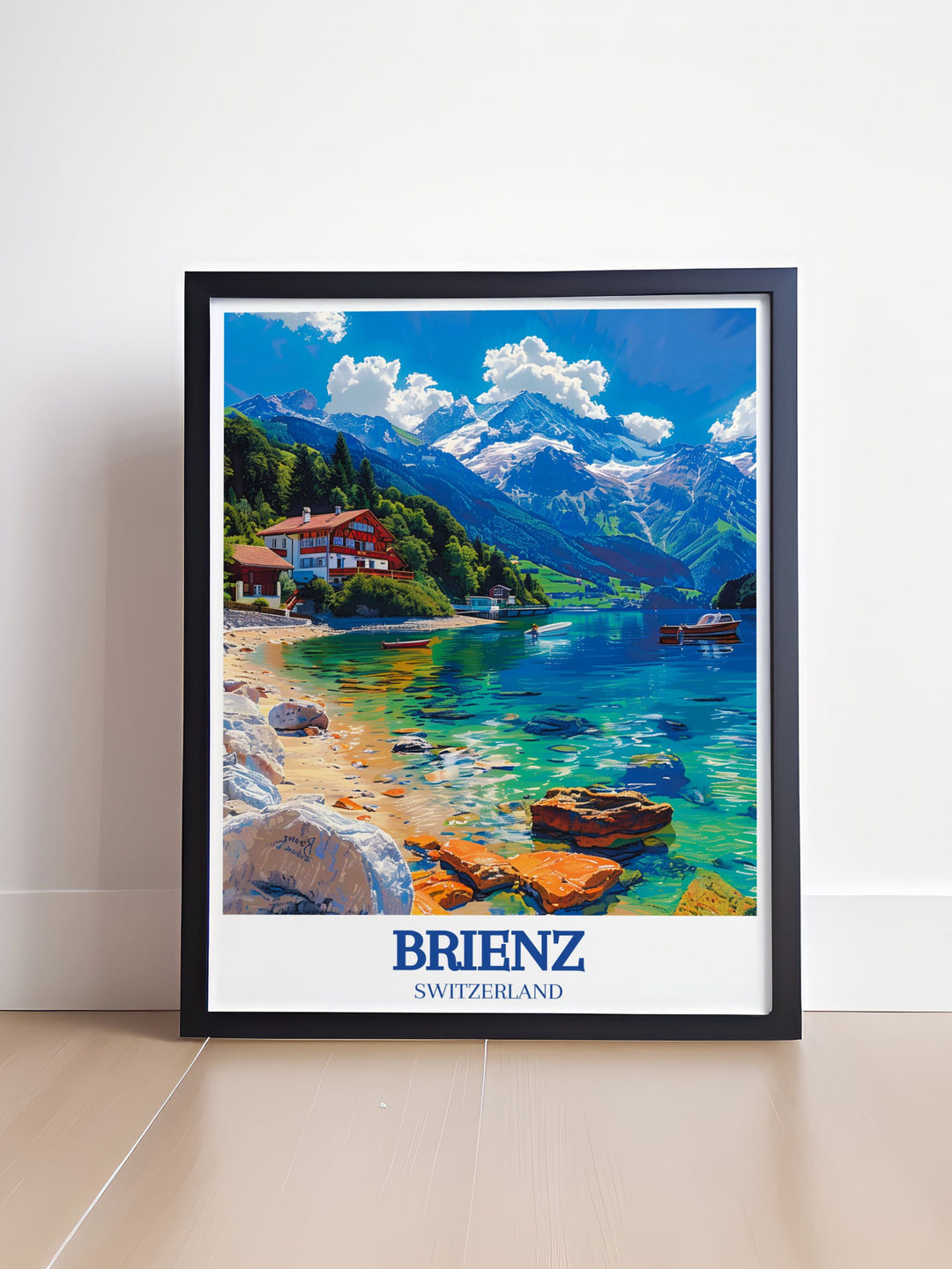 Vintage travel print featuring Lake Brienz, Brienzer Rothorn. This retro travel poster captures the serene landscapes of the Swiss Alps. Great for framing and displaying in any living space.