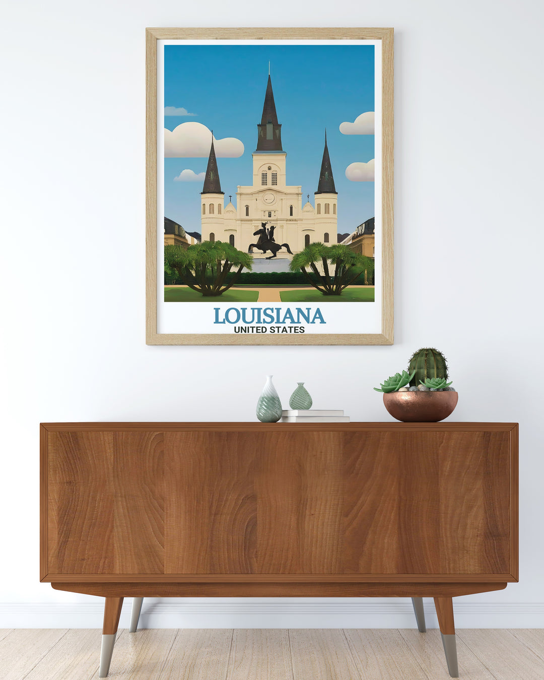 A framed art print capturing the historic beauty of St. Louis Cathedral in New Orleans, Louisiana. This artwork brings to life the vibrant streets of the French Quarter, making it an ideal piece for anyone who has fallen in love with the culture, history, and architecture of New Orleans.