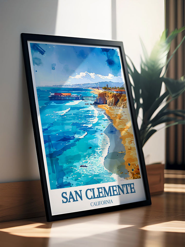 San Clemente Poster featuring a modern and artistic representation of the city with the Railfanning train San Clemente pier. Ideal for adding a splash of color to any room and making a unique gift for friends or family.