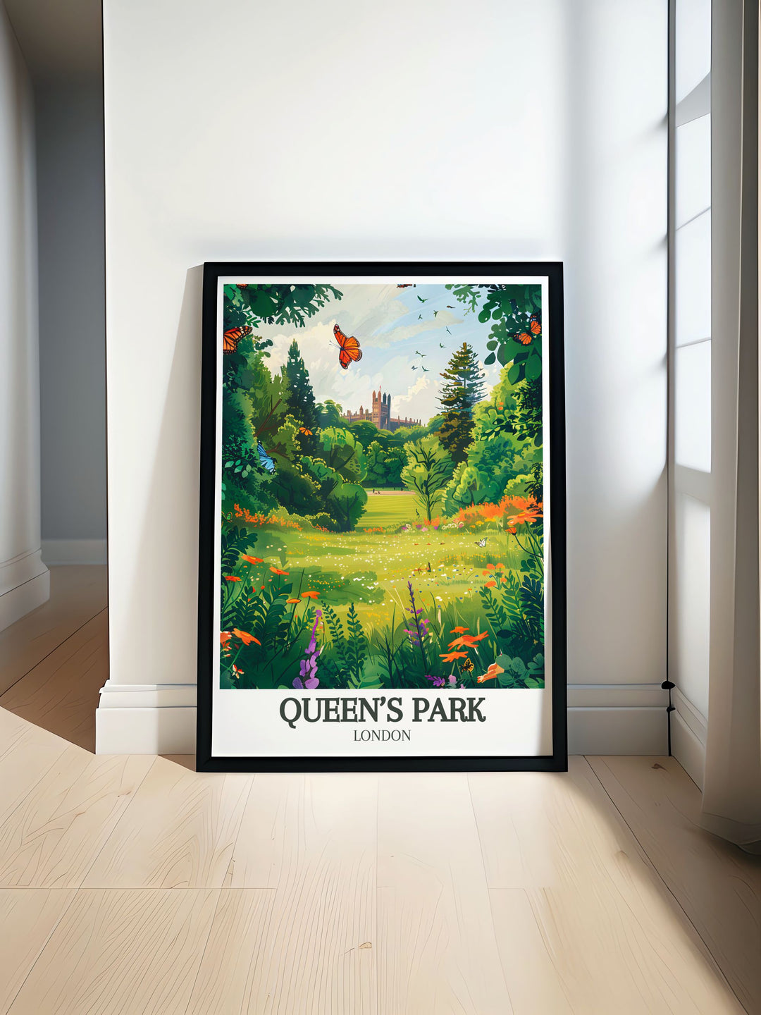 Queens Park Rangers poster showcasing the serene beauty of Queens Park London with its lush greenery and charming bandstand perfect for home decor and fans of vintage London prints and retro poster art