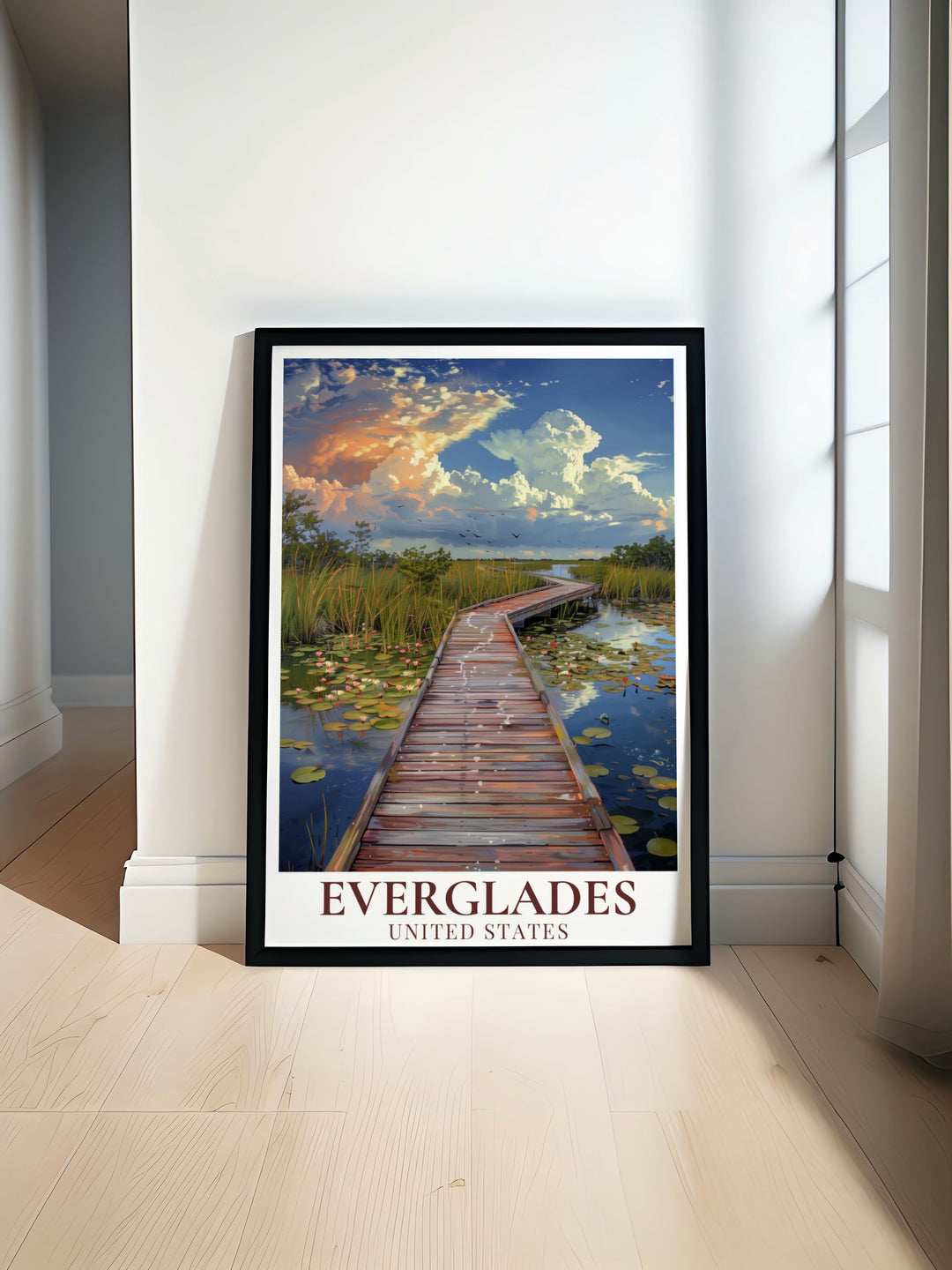 Everglades Poster showcasing the stunning beauty of Floridas National Park. This art piece captures the rich ecosystems and vibrant wildlife of the Everglades. Perfect for nature enthusiasts and adventurers. Includes the scenic Anhinga Trail for a touch of exploration.