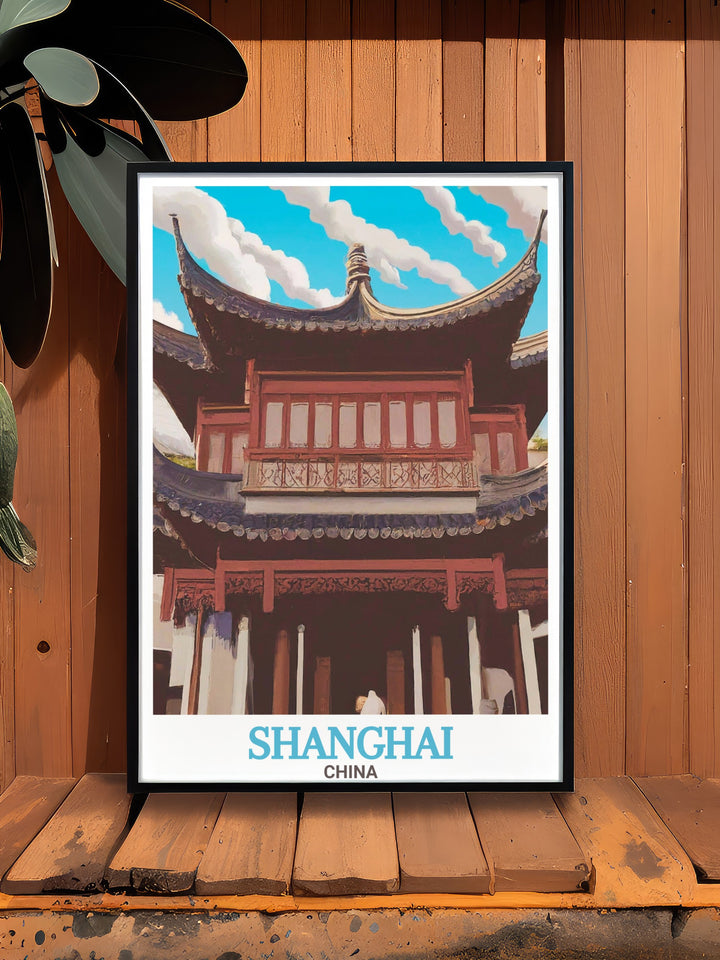 Experience the serenity of Yu Garden through this Shanghai travel poster, capturing the beauty of traditional Chinese gardens. The delicate design and soft colors create a peaceful atmosphere, making it an excellent choice for enhancing any living room or office space.