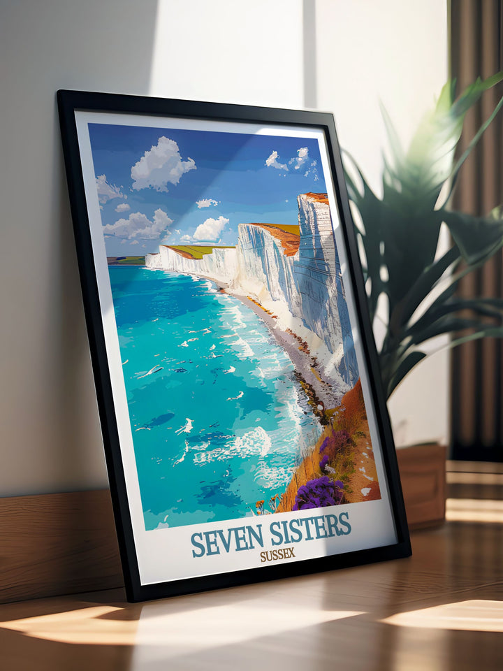 Stunning Seven Sisters Cliffs artwork highlighting the historic Beachy Head lighthouse providing captivating coastal scenery and making a perfect addition to your seaside wall art collection