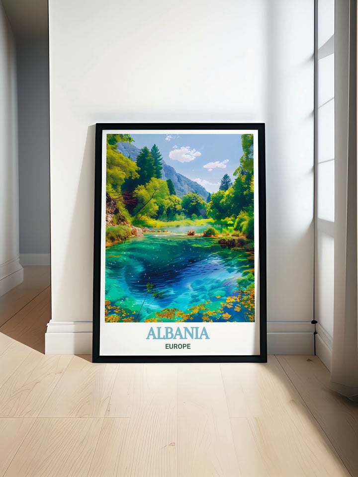 Syri i Kalter Modern Print showcasing the serene and stunning beauty of this natural landmark with detailed artwork and vibrant colors perfect for adding an elegant touch to your home decor or as a unique personalized gift for any special occasion