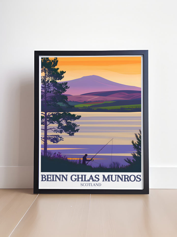 Loch Tay travel poster featuring Ben Lawers and Beinn Ghlas Munros in the Scottish Highlands displaying the captivating beauty and peaceful waters of this iconic region.