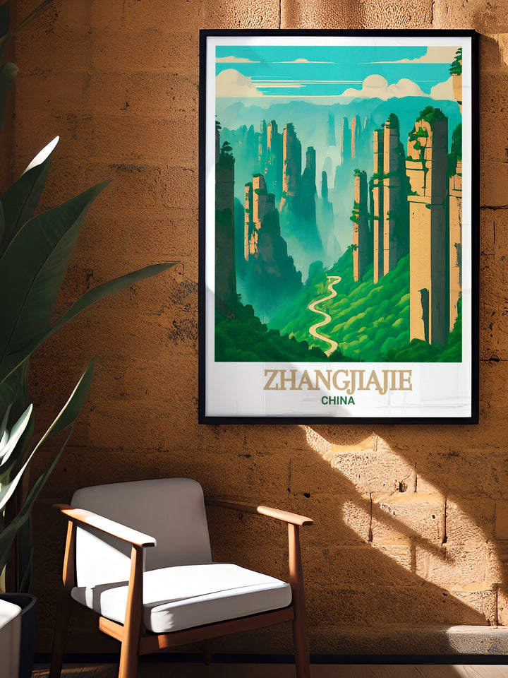 High quality art print of Zhangjiajie National Forest Park featuring the dramatic sandstone pillars and scenic views of Zhangjiajie China a beautiful piece of China travel art for your living space