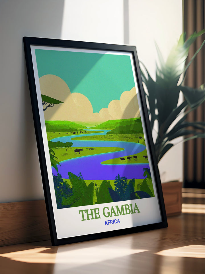 Scenic travel poster of River Gambia National Park in The Gambia. This artwork captures the vibrant colors and intricate details of the park, making it an ideal gift for friends and family. Perfect for birthdays, anniversaries, or holidays, celebrating the beauty of The Gambia.