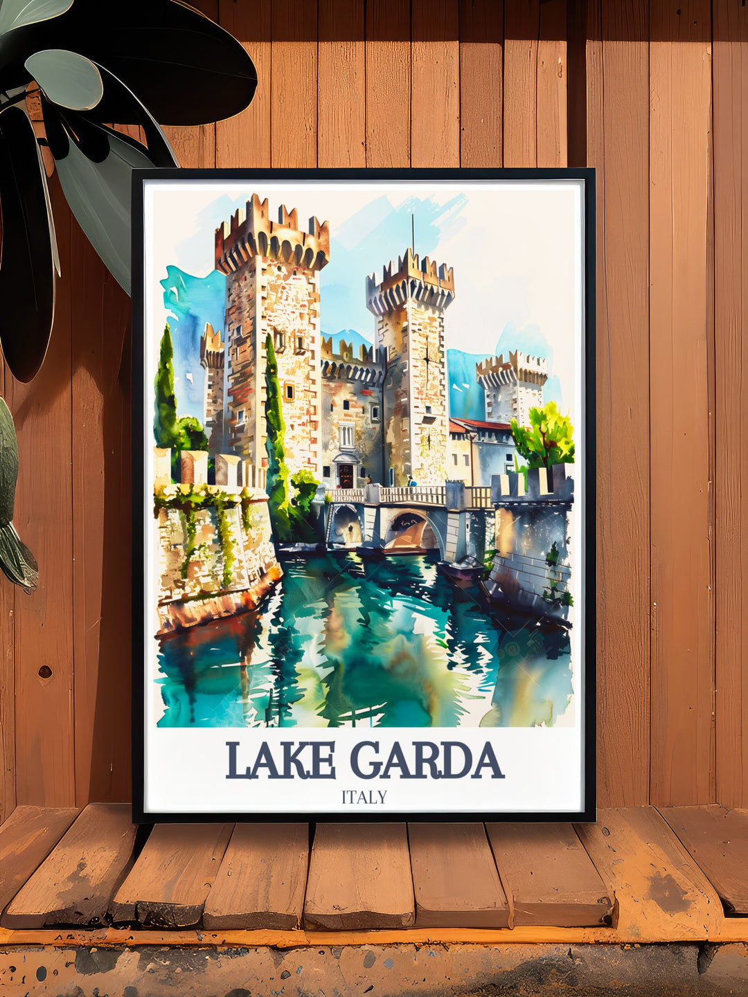 Vibrant Lake Garda art print showcasing Scaliger Castle and Isola del Garda making it an ideal Italy travel gift for birthdays and special moments. This Italy wall decor is perfect for adding sophistication to your living space or as a unique gift.