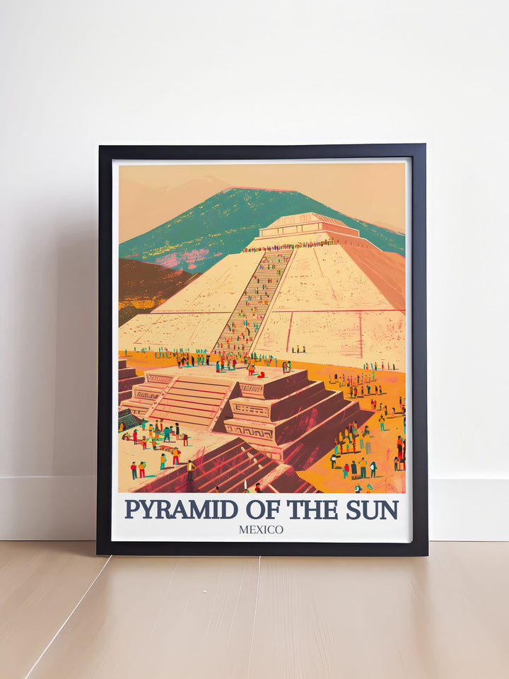 Stunning living room decor featuring the Sun Pyramid at Teotihuacan, Quetzalcoatl Temple a perfect addition for those who appreciate the rich cultural heritage of Mexico and want to bring it into their modern home.