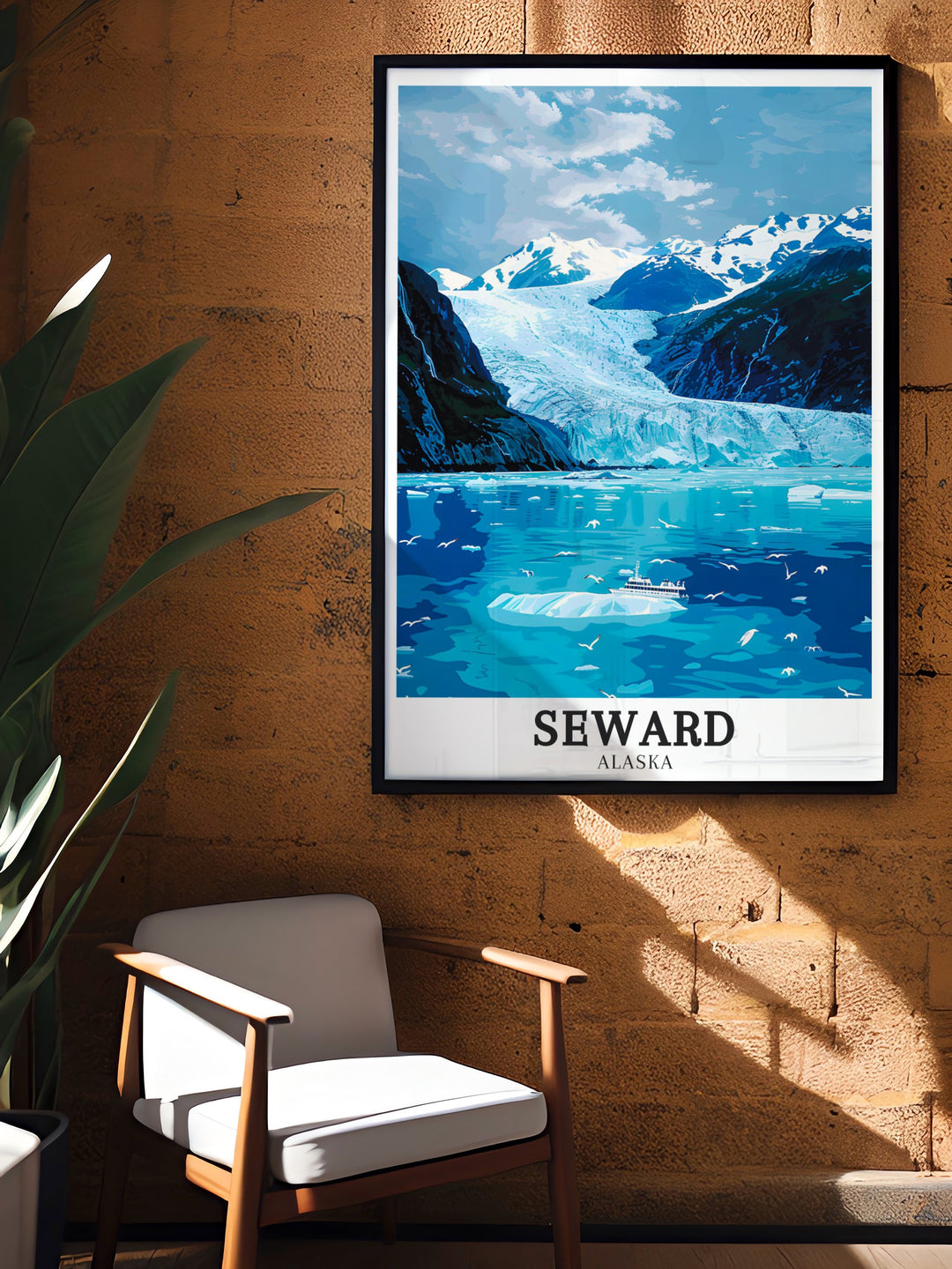 Vibrant Seward artwork capturing the breathtaking scenes of Kenai Fjords and the ethereal beauty of Harding Icefield. The detailed print offers a glimpse into the heart of Alaskas wild landscapes, perfect for adding a touch of adventure to your home