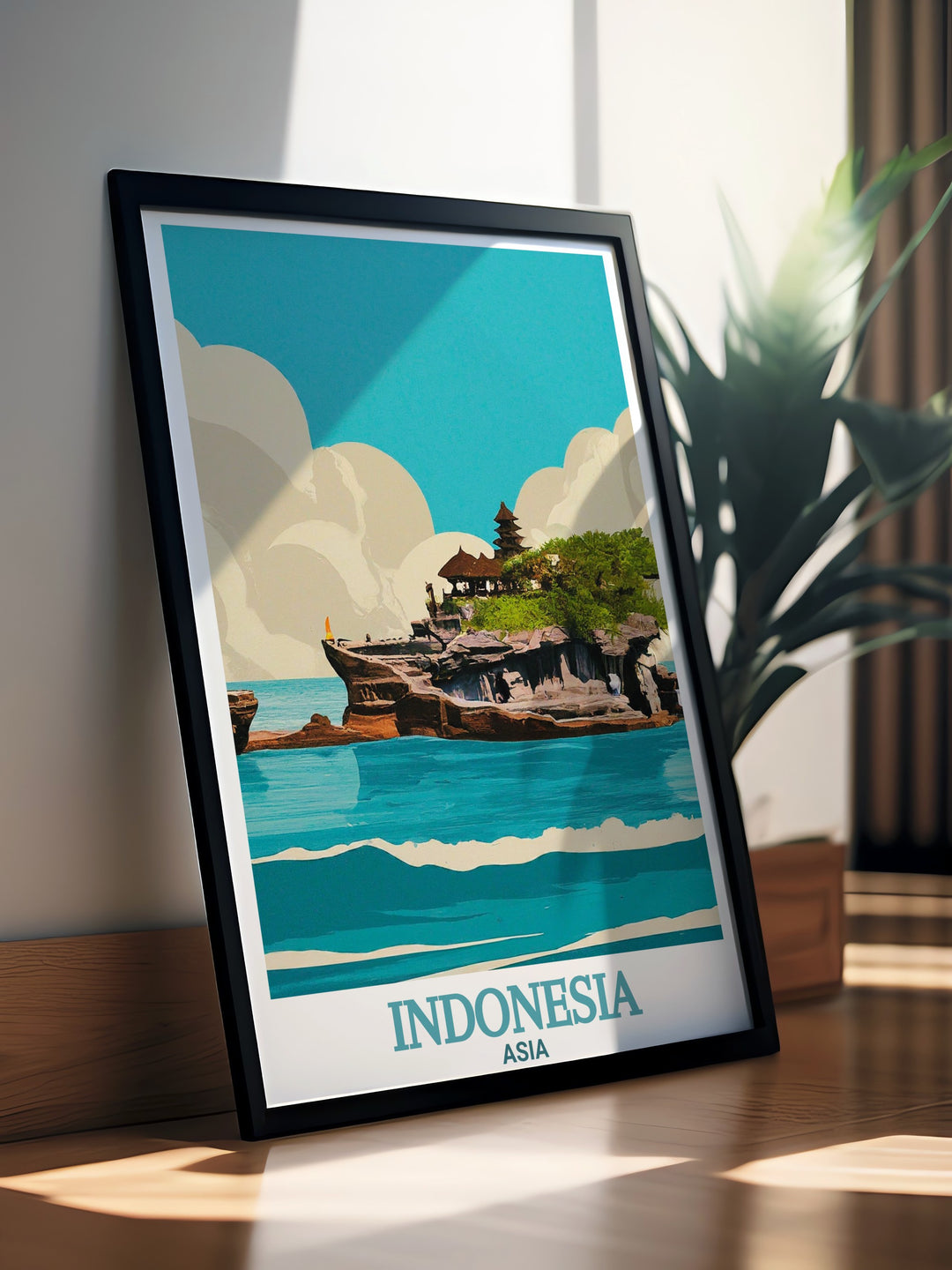 This Bali travel print features Tanah Lot Temple in all its glory, standing tall against the ocean waves. The stunning composition is perfect for anyone who appreciates the beauty of travel, architecture, and cultural landmarks.