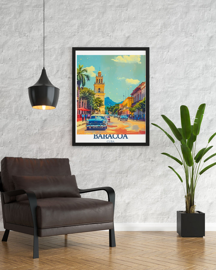 Captivating Cuban travel poster of Baracoa, capturing the iconic El Yunque Mountain and the serene Catedral De Nuestra Senora De La Asuncion. Perfect for nature lovers and those who appreciate the beauty of Cubas landscapes, enhancing your home or office decor.