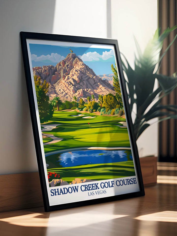 This golf travel poster captures the beauty of Shadow Creek Golf Course, with the natural desert landscape of Clark County adding a striking backdrop. Ideal for anyone seeking to bring a touch of Nevadas outdoor beauty and golfing prestige into their space.