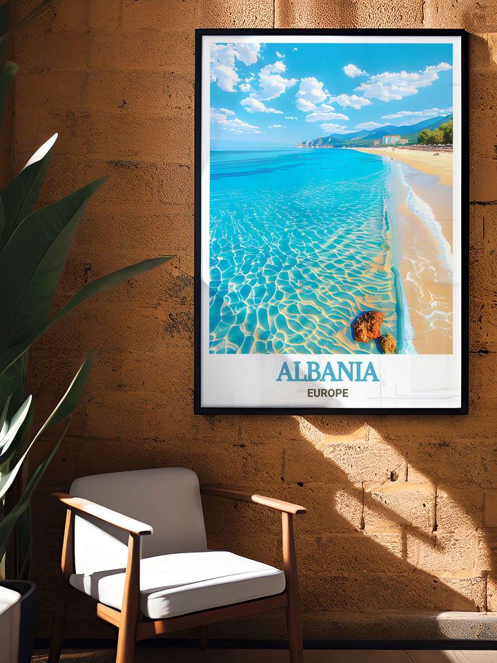 Vibrant Albania Art Print showcasing Dhermi Beachs picturesque views and serene landscape perfect for modern home decor adding a unique and elegant touch to any room or serving as a memorable anniversary gift