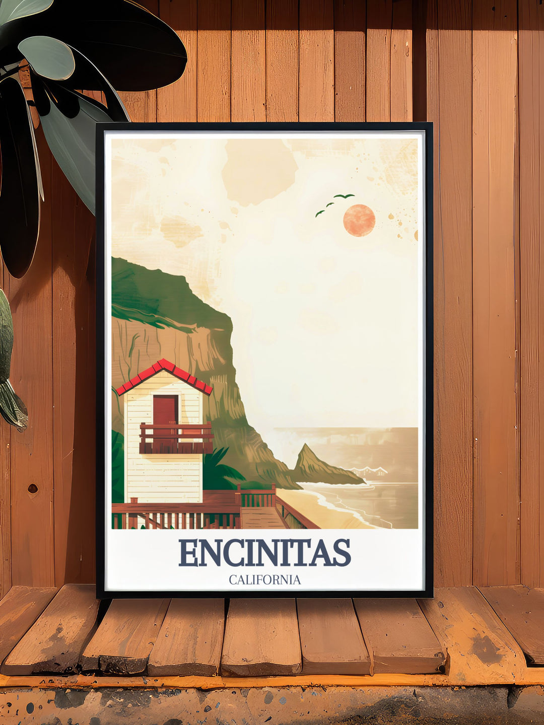 Beautiful Encinitas decor with a vintage poster of Moonlight Beach, Swamis Surf Spot offering a visual journey through these beloved landmarks ideal for enhancing your home decor with a touch of coastal charm