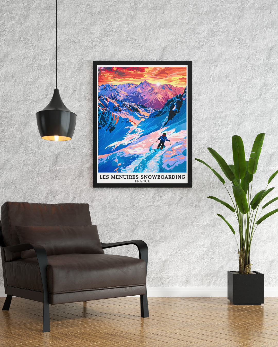 Beautiful Les Menuires BK Park Snowboarding Art Print offering a unique way to showcase your love for snowboarding while adding a stylish modern touch to any room a thoughtful gift for snowboarders and fans of ski resorts like Val Thorens and Courchevel