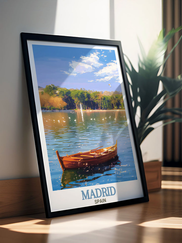 Add a touch of Spanish charm to your walls with this Lake at Casa de Campo poster. It features minimalistic Spanish art inspired by Madrid and the natural beauty of Spains landscapes making it a perfect framed print for home or office decor.