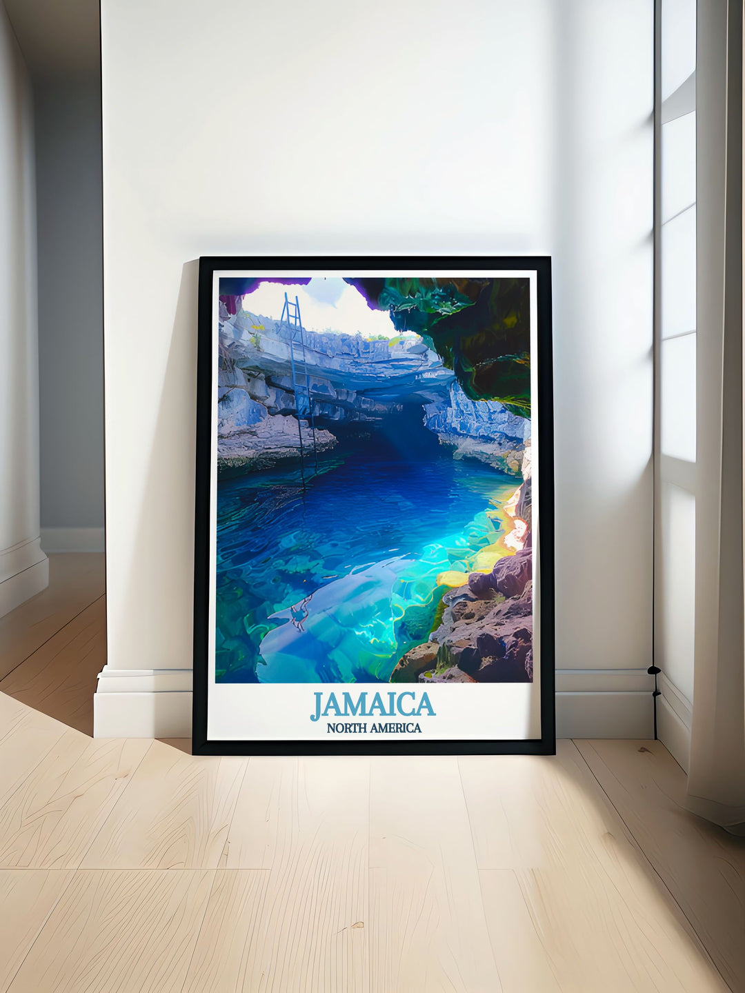 Bring the magic of Jamaica into your home with this stunning travel print featuring the Blue Hole Mineral Spring. Whether youve visited the island or are planning to, this poster is a beautiful reminder of the clear waters, lush surroundings, and vibrant culture of Jamaica.