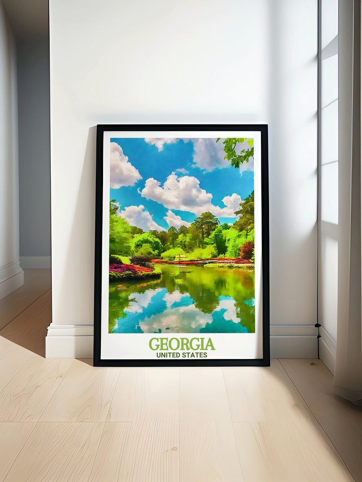 Georgia art print showcasing Atlantas vibrant skyline and the peaceful Callaway Gardens. This travel poster offers a perfect blend of city and nature, making it a thoughtful gift for anyone who loves exploring Georgias scenic wonders.