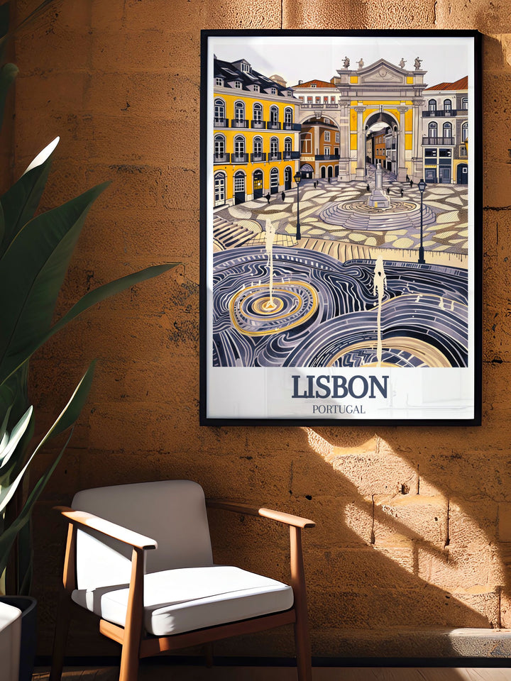 Praca do Comercio and Rossio Square Modern Prints bring the beauty of Lisbon into your home. These elegant prints are the ideal Portugal Travel Art pieces for anyone looking to celebrate the culture and landmarks of Lisbon.