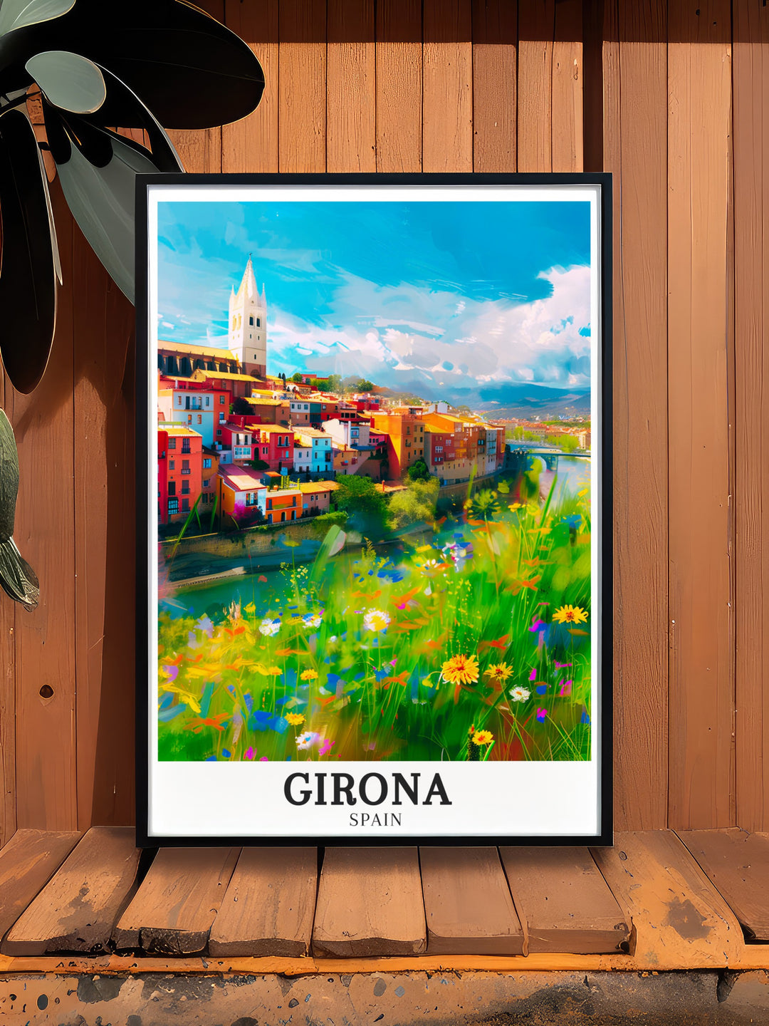 Captivating Girona artwork portraying the Girona Cathedral and the peaceful Onyar River in Spain. The print emphasizes the cathedrals Gothic architecture and the serene ambiance of the river, perfect for bringing a touch of Spanish heritage into your living space